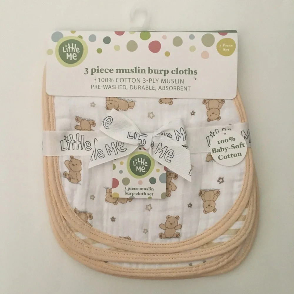 NEW 3 Cotton Muslin Burp Cloths Teddy Bears Stripes Stars Print | Little Me